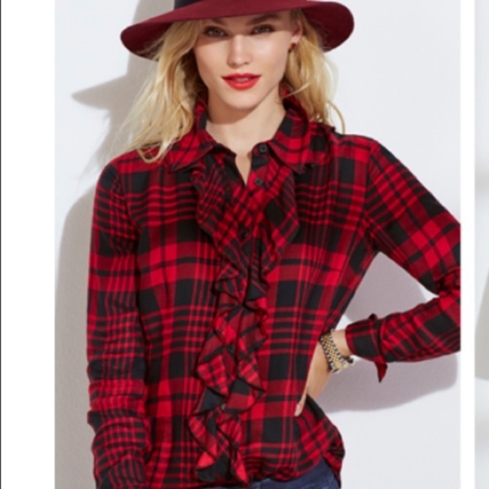 Cabi Lodge Red Ruffle Plaid Flannel Button Up 3335
